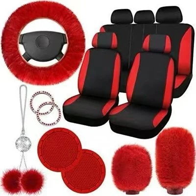 Aksesori Interior Mobil Universal: Sarung Jok, Sarung Roda Kemudi Merah Muda, dan Set Bantalan Tali Bahu